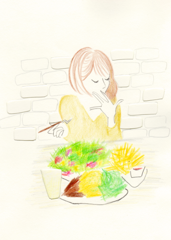 カフェで食事をする女の子のイラストレーション
